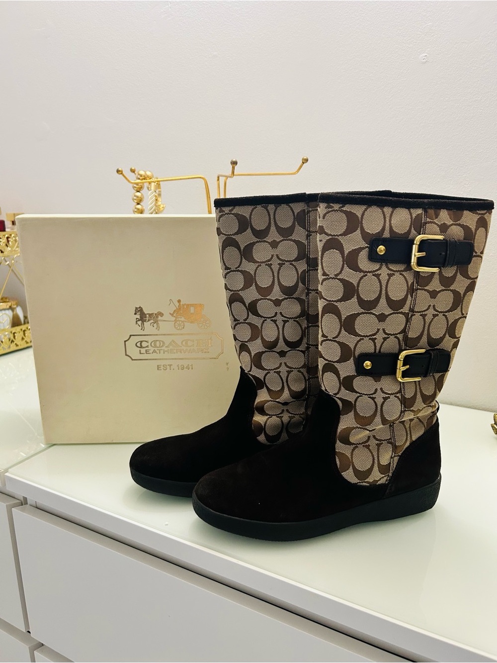 Coach Tinah A7229 Signature C Monogram Suede Buckle Mid-Calf Boots Women’s 8